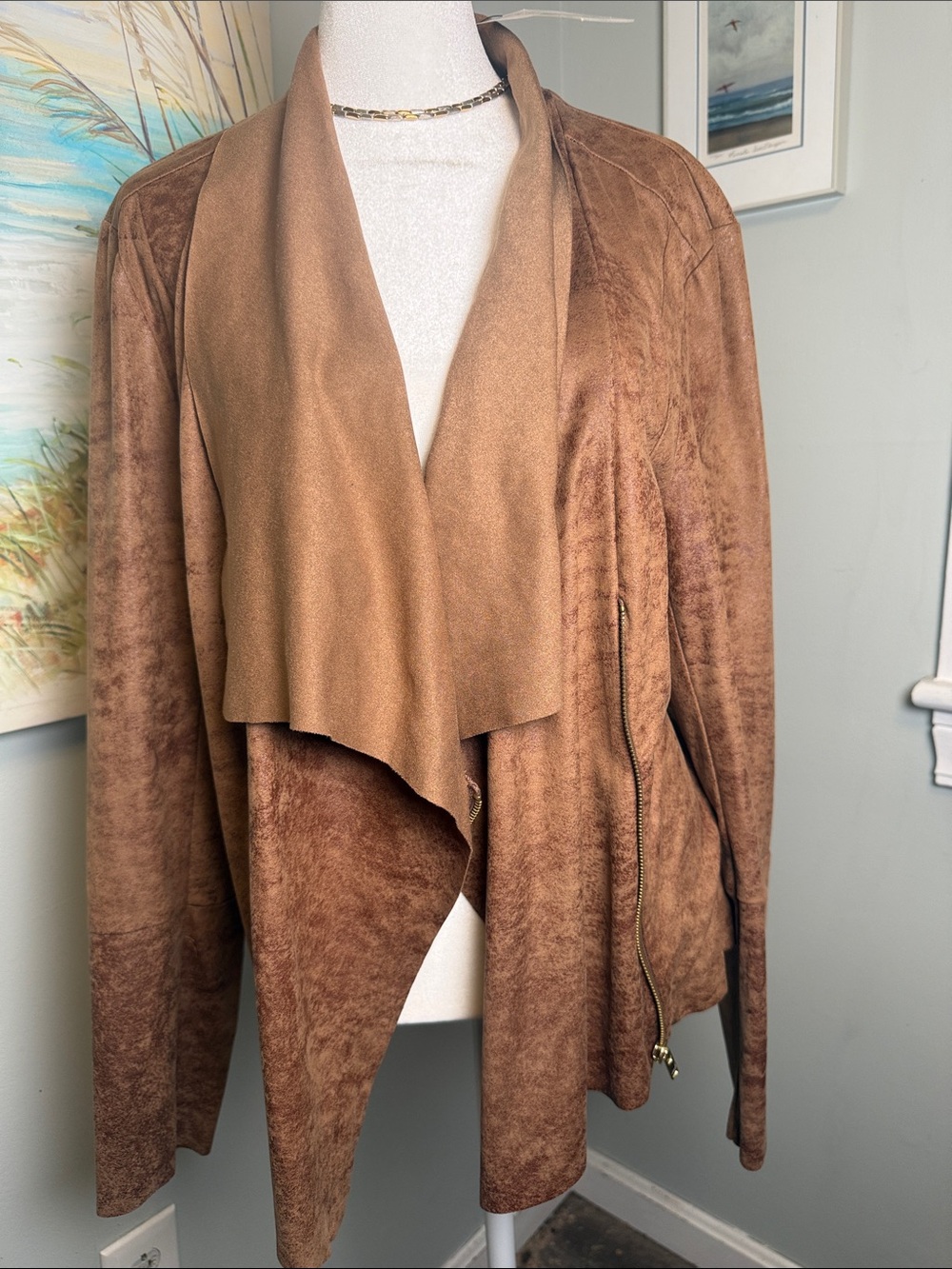a.n.a Brown Suede Draped Open-Front Jacket